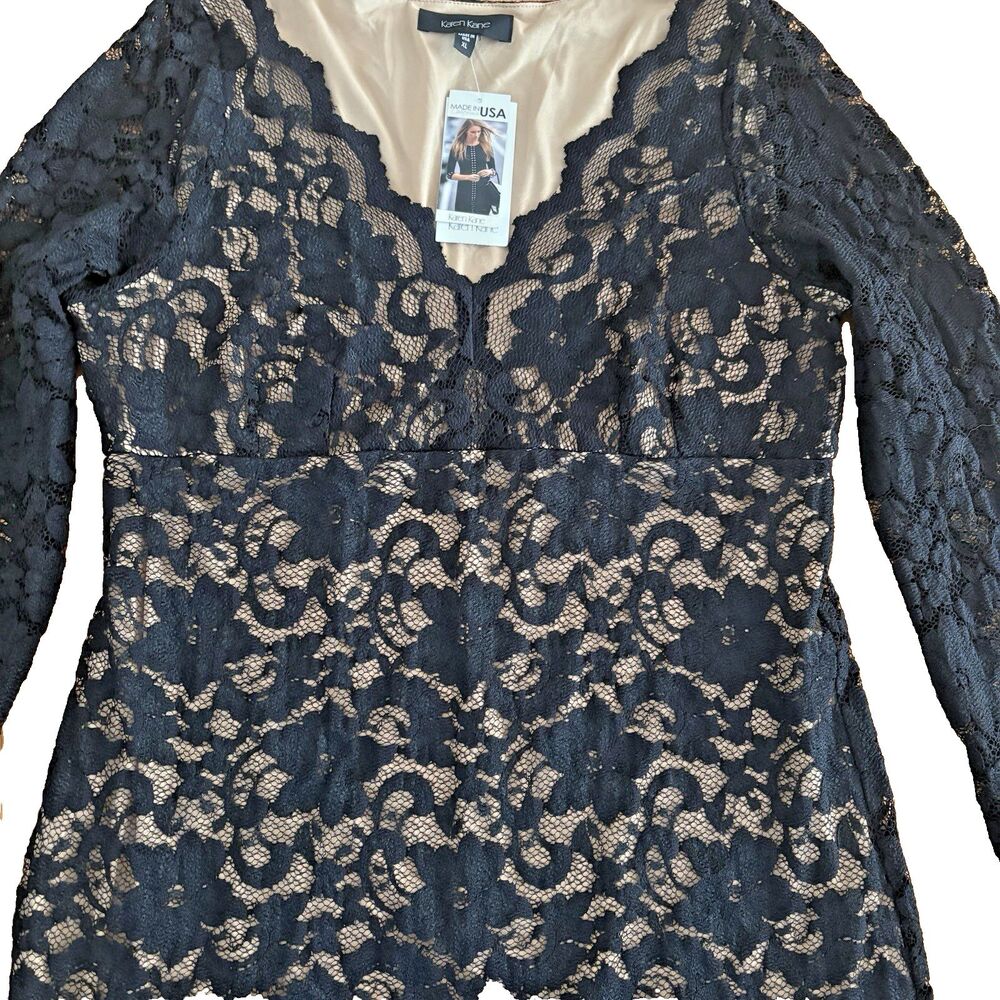 Karen Kane Womens Dress Size XL Brown Lace Floral Scalloped Sheath V-Neck NWT - Picture 2 of 15